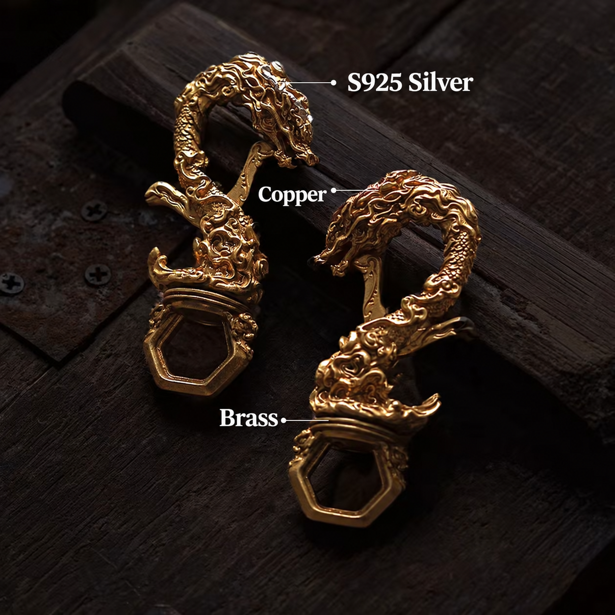 Brass Dragon Keychain – Hand-Carved Copper or Silver Inlay Charm