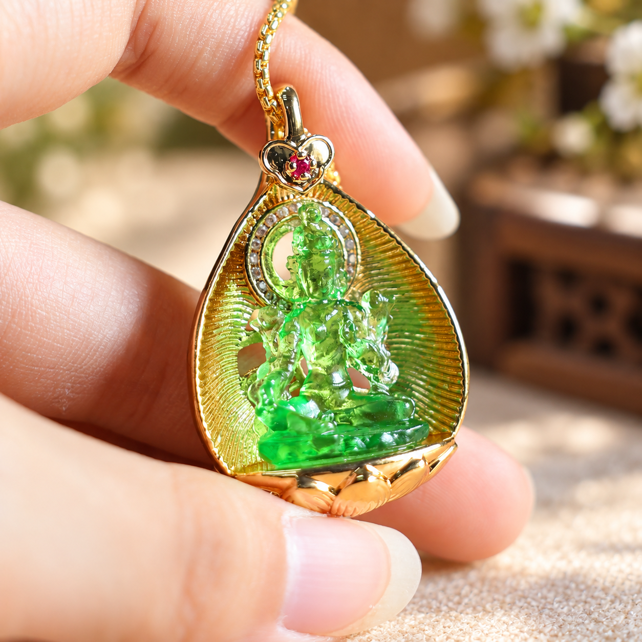 Green Tara Liu Li Glass Pendant – Copper Zircon Amulet Necklace