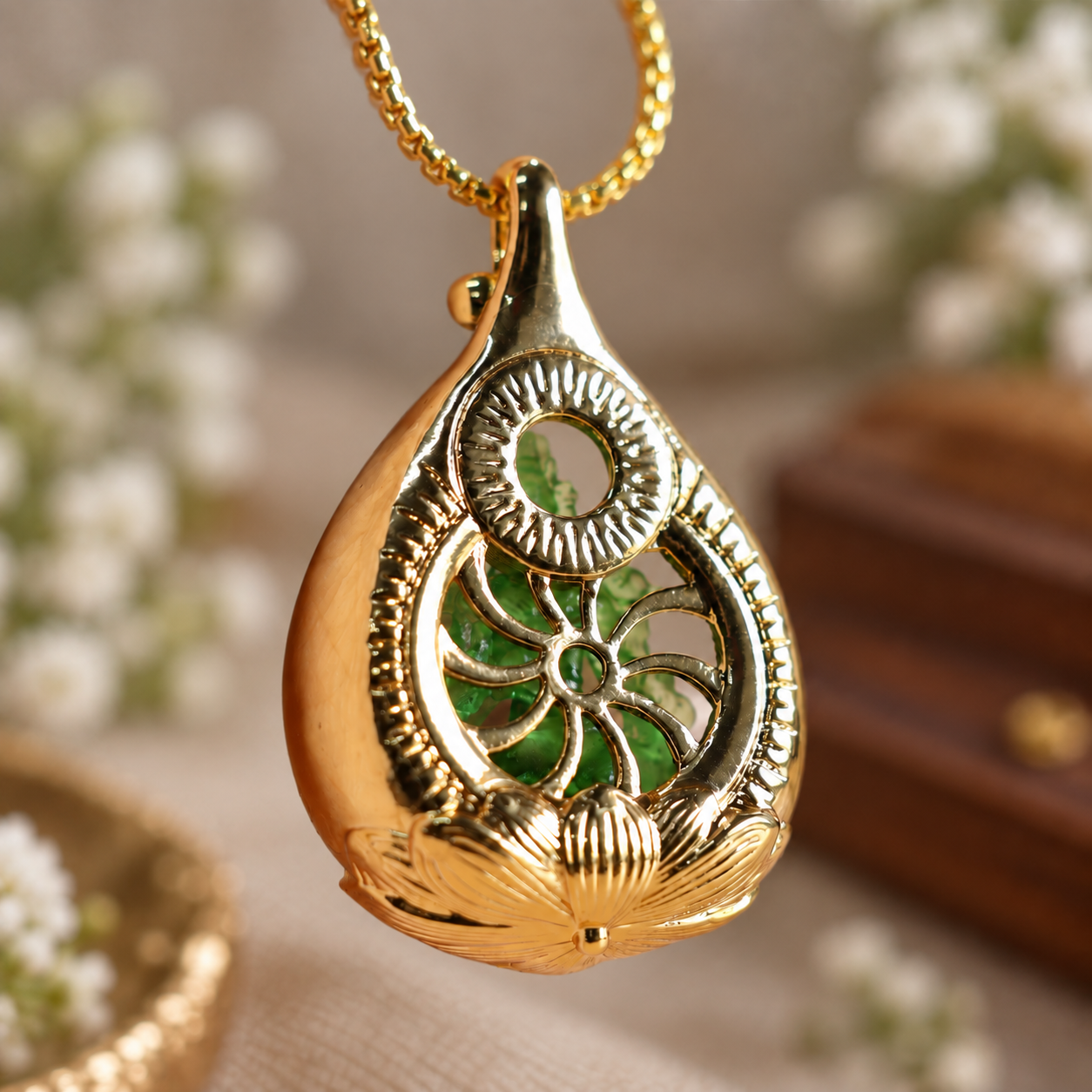 Green Tara Liu Li Glass Pendant – Copper Zircon Amulet Necklace