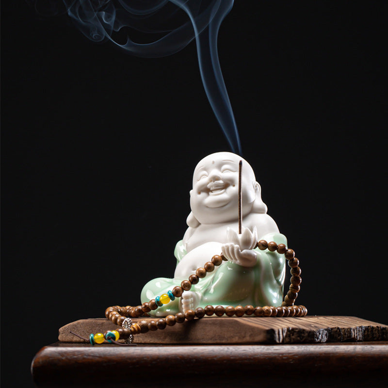 Ceramic Laughing Buddha Incense Holder with Weathered Wood Base