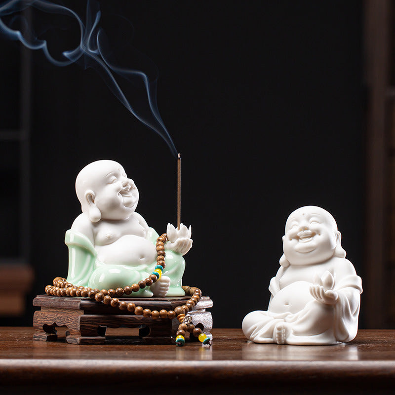 Ceramic Laughing Buddha Incense Holder with Weathered Wood Base