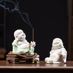 Ceramic Laughing Buddha Incense Holder with Weathered Wood Base