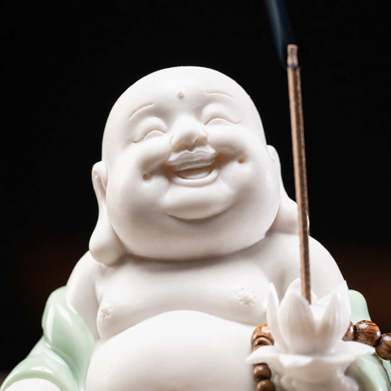 Ceramic Laughing Buddha Incense Holder with Weathered Wood Base