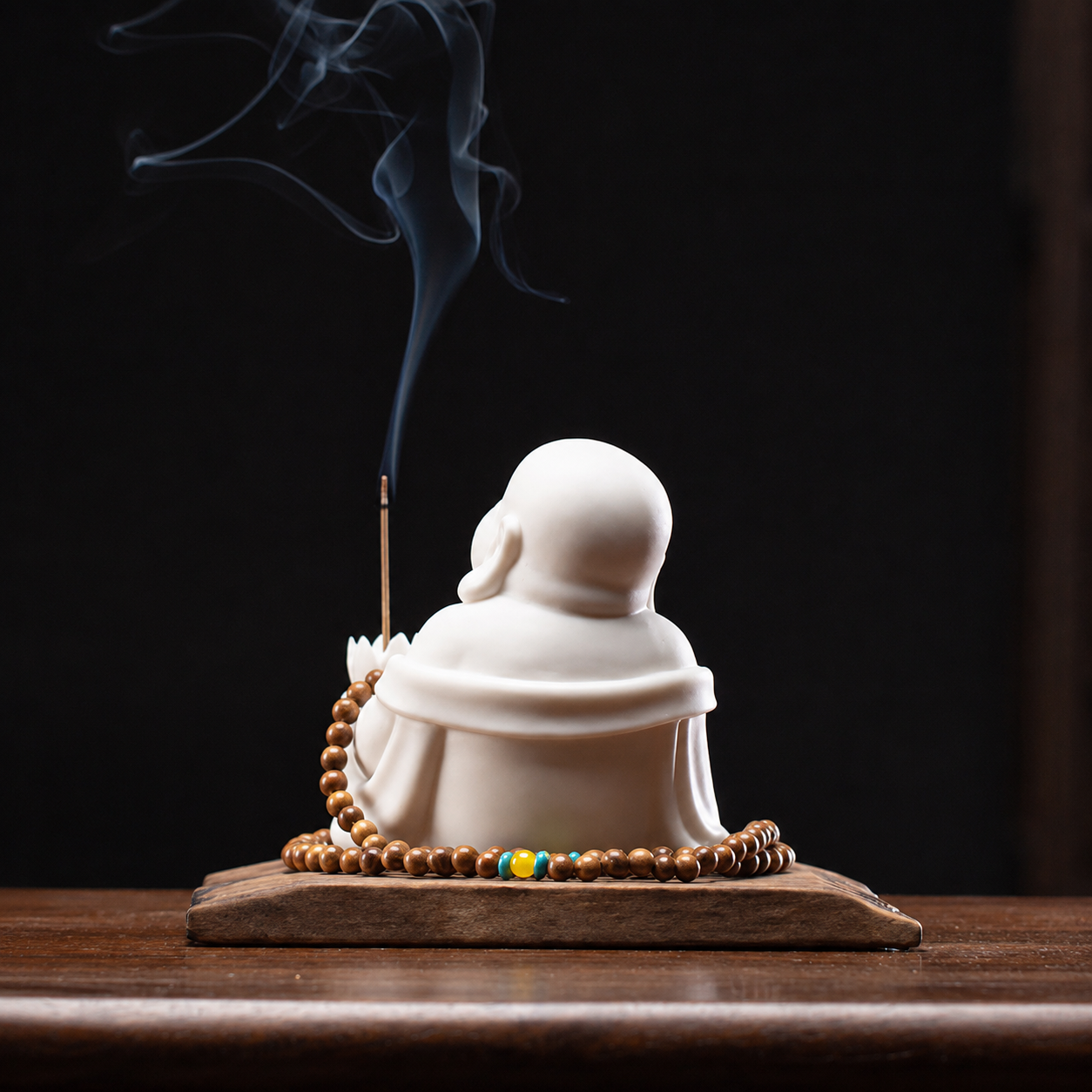 Ceramic Laughing Buddha Incense Holder with Weathered Wood Base