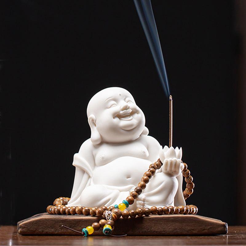 Ceramic Laughing Buddha Incense Holder with Weathered Wood Base