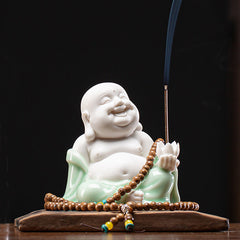 Ceramic Laughing Buddha Incense Holder with Weathered Wood Base