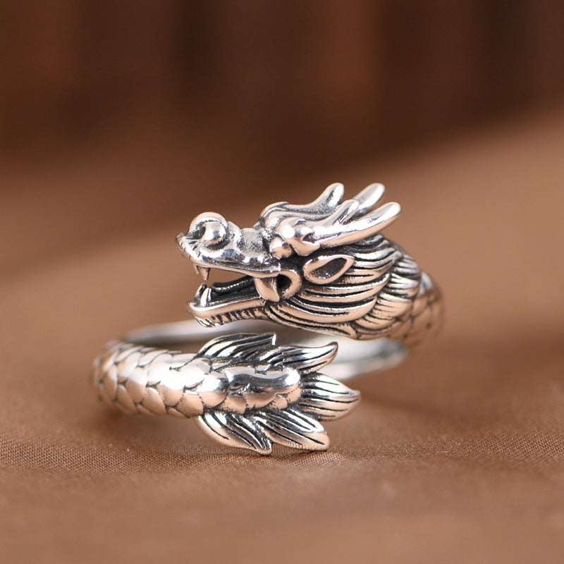S925 Sterling Silver Dragon & Phoenix Couple Rings – Adjustable Vintage Symbolic Jewelry