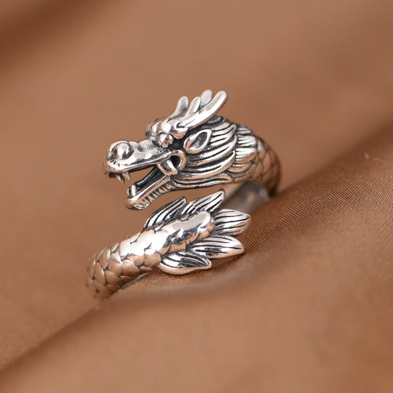 S925 Sterling Silver Dragon & Phoenix Couple Rings – Adjustable Vintage Symbolic Jewelry