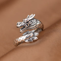 S925 Sterling Silver Dragon & Phoenix Couple Rings – Adjustable Vintage Symbolic Jewelry
