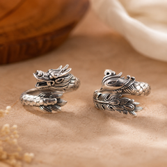 S925 Sterling Silver Dragon & Phoenix Couple Rings – Adjustable Vintage Symbolic Jewelry