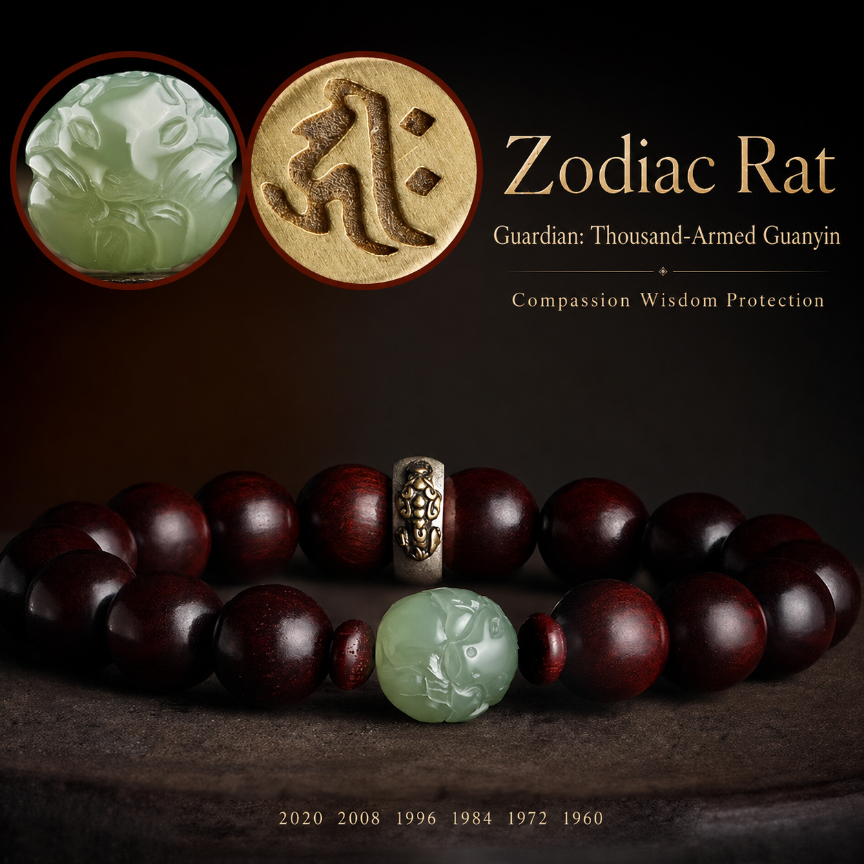 Hetian Jade & Zitan Wood Zodiac Guardian Bracelet – Personal Birth-Year Symbol