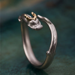 925 Sterling Silver Dragon Ring – Sculpted Adjustable Band with Gold-Tone Horns