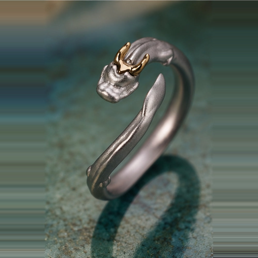 925 Sterling Silver Dragon Ring – Sculpted Adjustable Band with Gold-Tone Horns