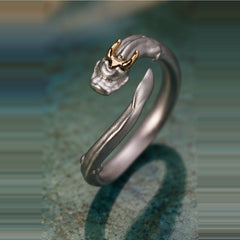 925 Sterling Silver Dragon Ring – Sculpted Adjustable Band with Gold-Tone Horns