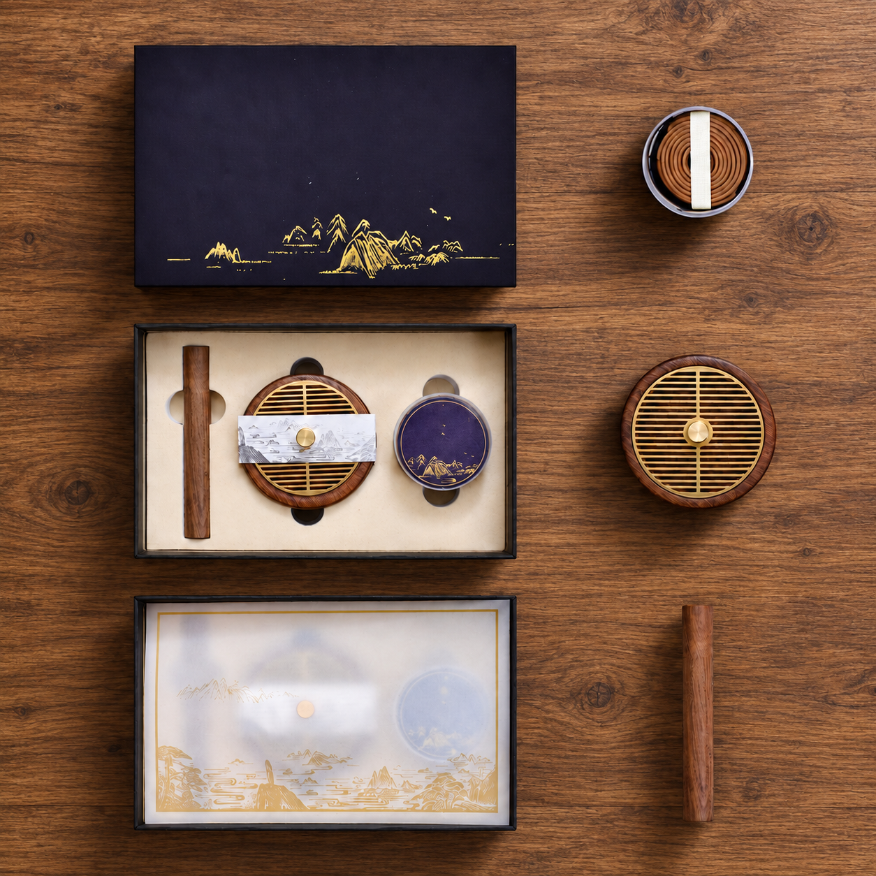 Zen Incense Burner Gift Set – Walnut Wood Coil Incense Kit